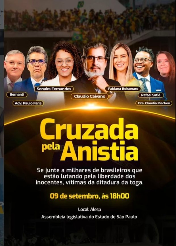 Cartaz do ato Cruzada pela Anistia, realizado em 09 de setembro de 2025 na ALESP, com Cláudio Caivano e convidados